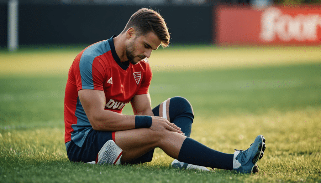 joueur de foot assis au sol suite à une douleur au genou