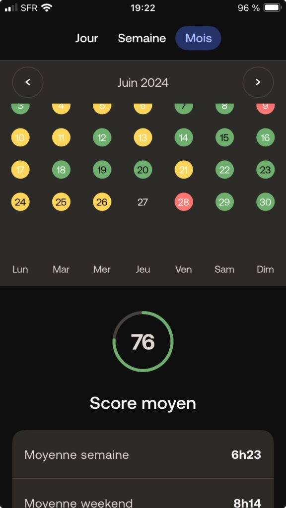 Bilan de sommeil mensuel sur montre connectée Whoop d’un sportif