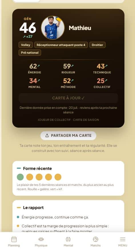 La carte de joueur JDC de Mathieu : note générale, paliers et six caractéristiques